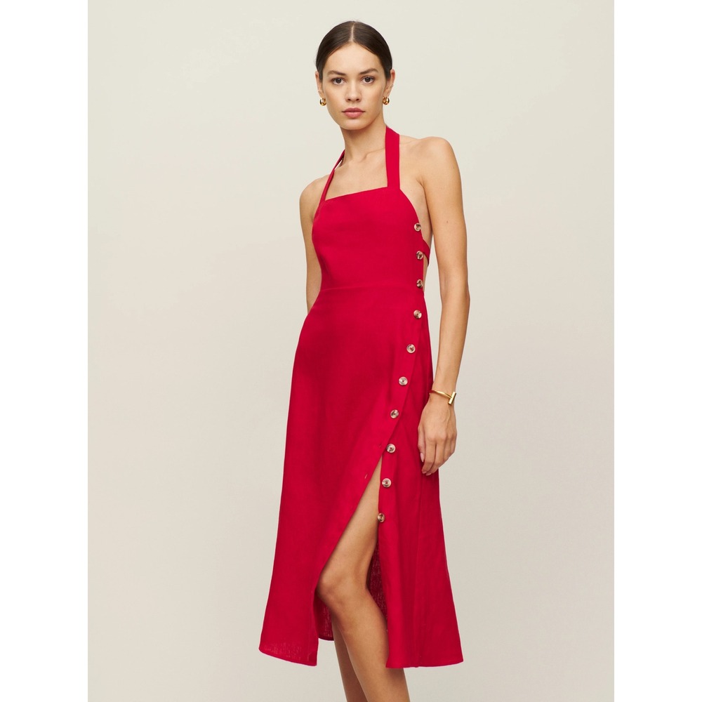 NWT Reformation Mar Linen Halter Tie Back Midi Dress Red Women's Size 12
